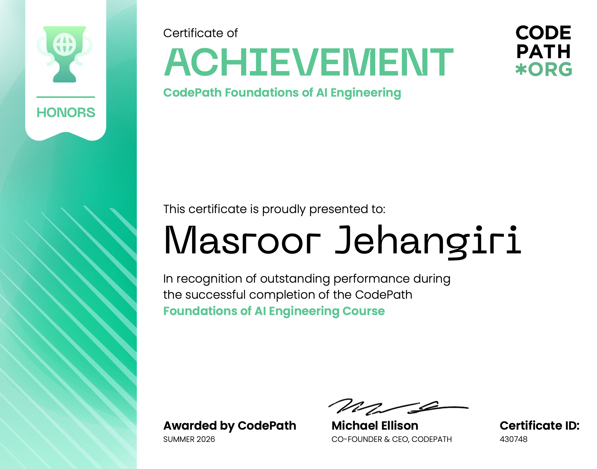 CodePath Foundations of AI Engineering certificate
